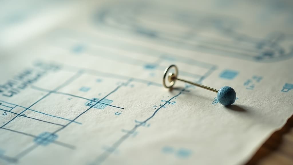 A tailor's workshop surface: pattern-drafting paper, chalk alteration marks, a brass pin